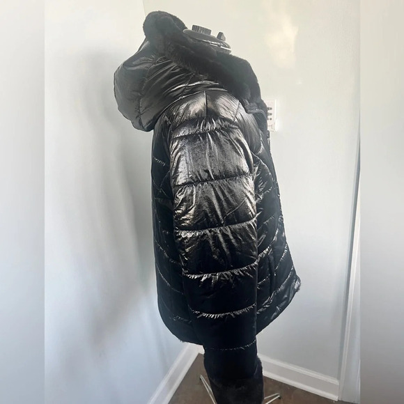 NEW Joseph Ribkoff Sz L Black Reversible Faux Fur Quilted Puffer Coat - Picture 11 of 16